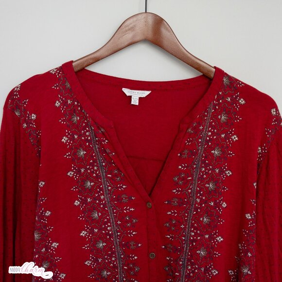 Mix Print Button Up Top, Red - Picture 2 of 7